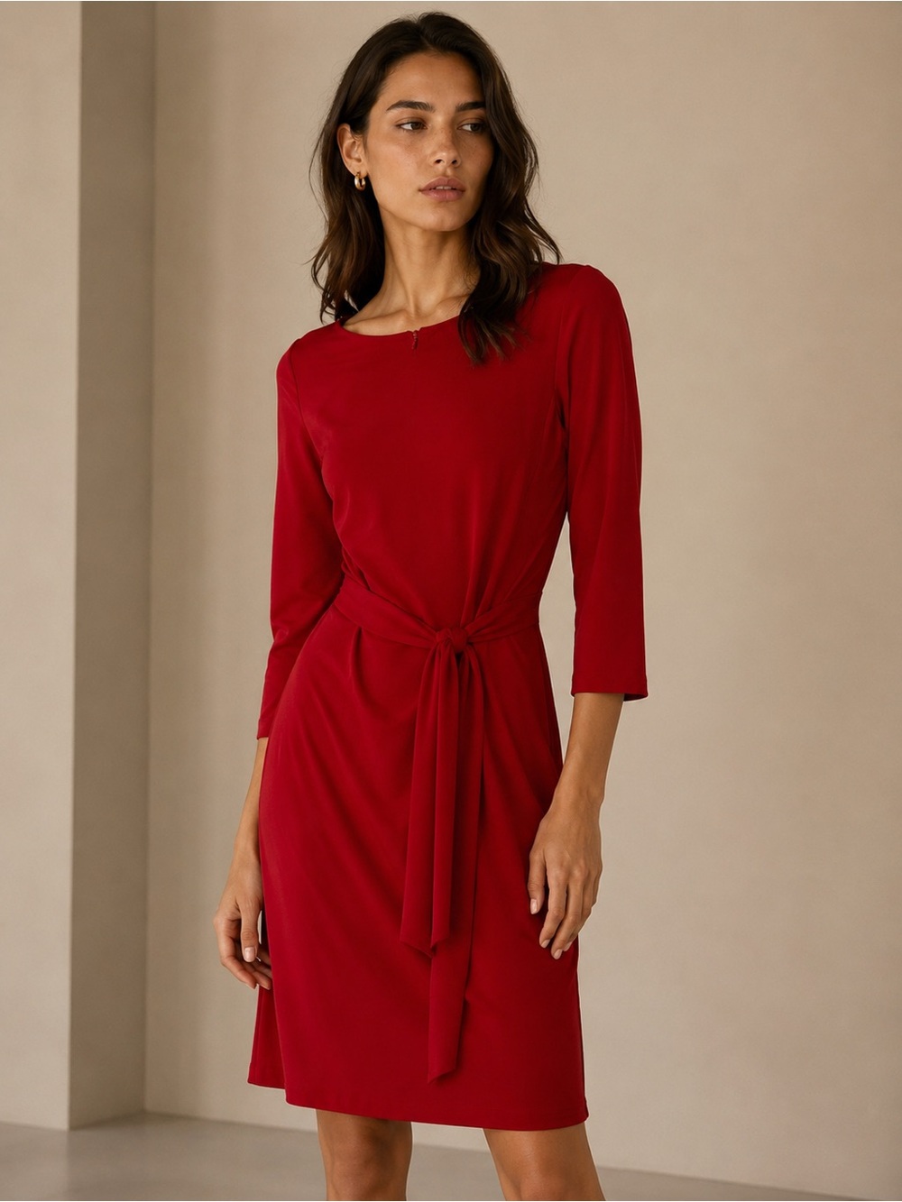 Calvin Klein Red Tie-Front Sheath Midi 3/4 Length Dress Size 8